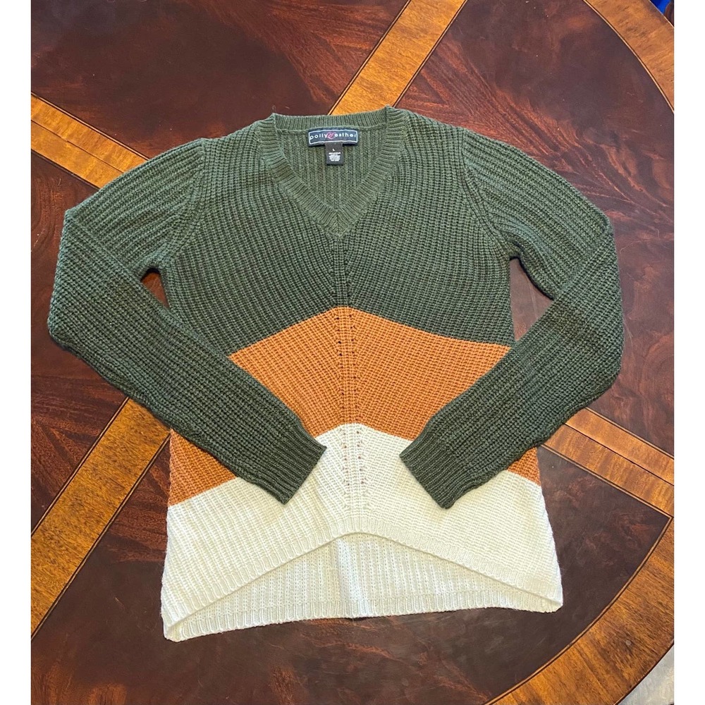 Polly and Esther V-neck color blocked knit sweater Green and Cream Large Y2K.